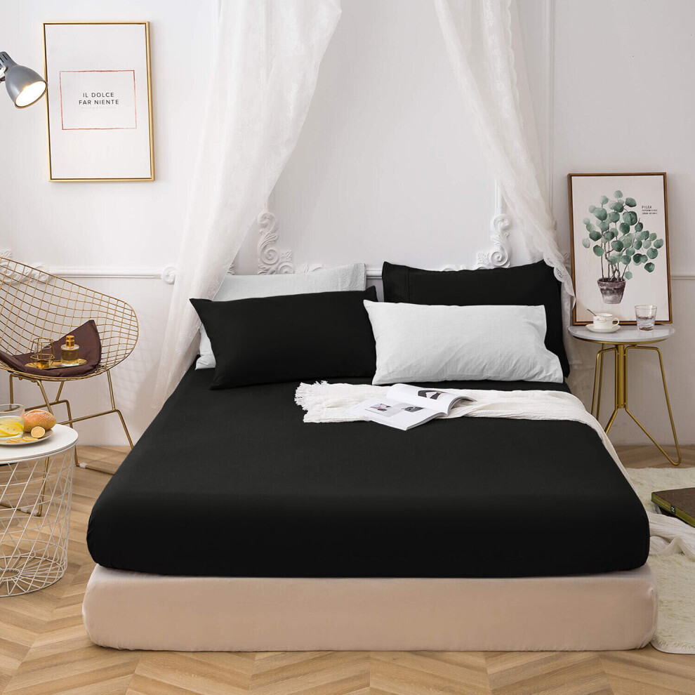 (Super King, Black) Extra Deep Fitted Bed Sheet