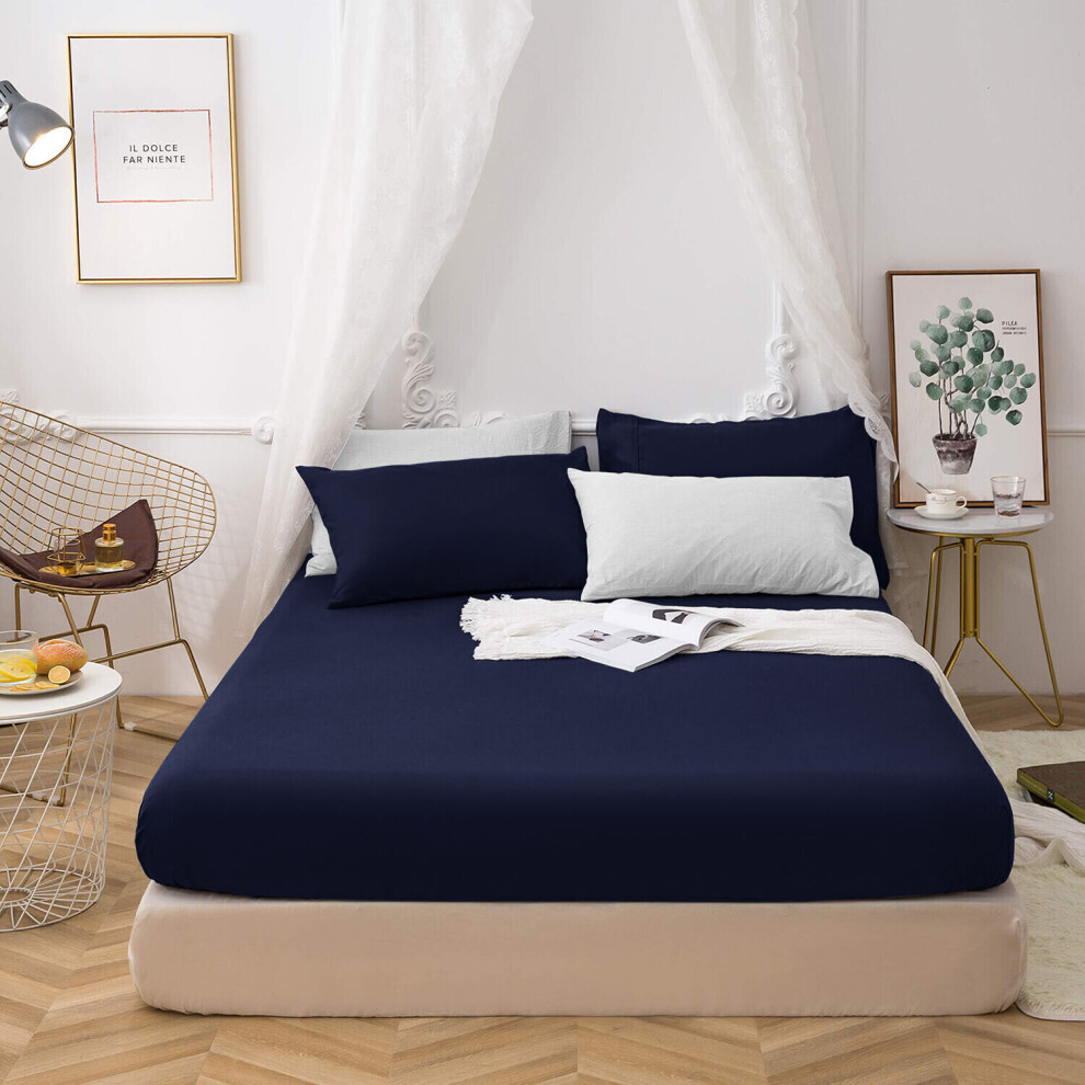 (Single, Navy Blue) Extra Deep Fitted Bed Sheet