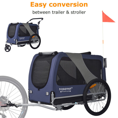 (Blue/Black) Doggyhut XL Bike Dog Trailer & Stroller for Dogs Up to 45kgs With Parking Brakes