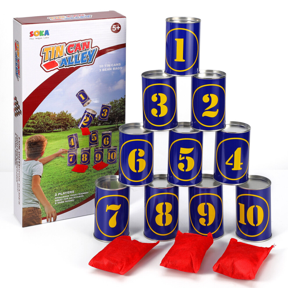 Soka Tin Can Alley Game 10 Metal Tins And 3 Bean Bags Party Games
