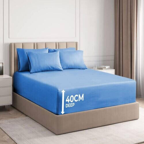 (Sky Blue, Double) Extra Deep Fitted Sheets 40cm/ 16" Soft Bed Sheet 2