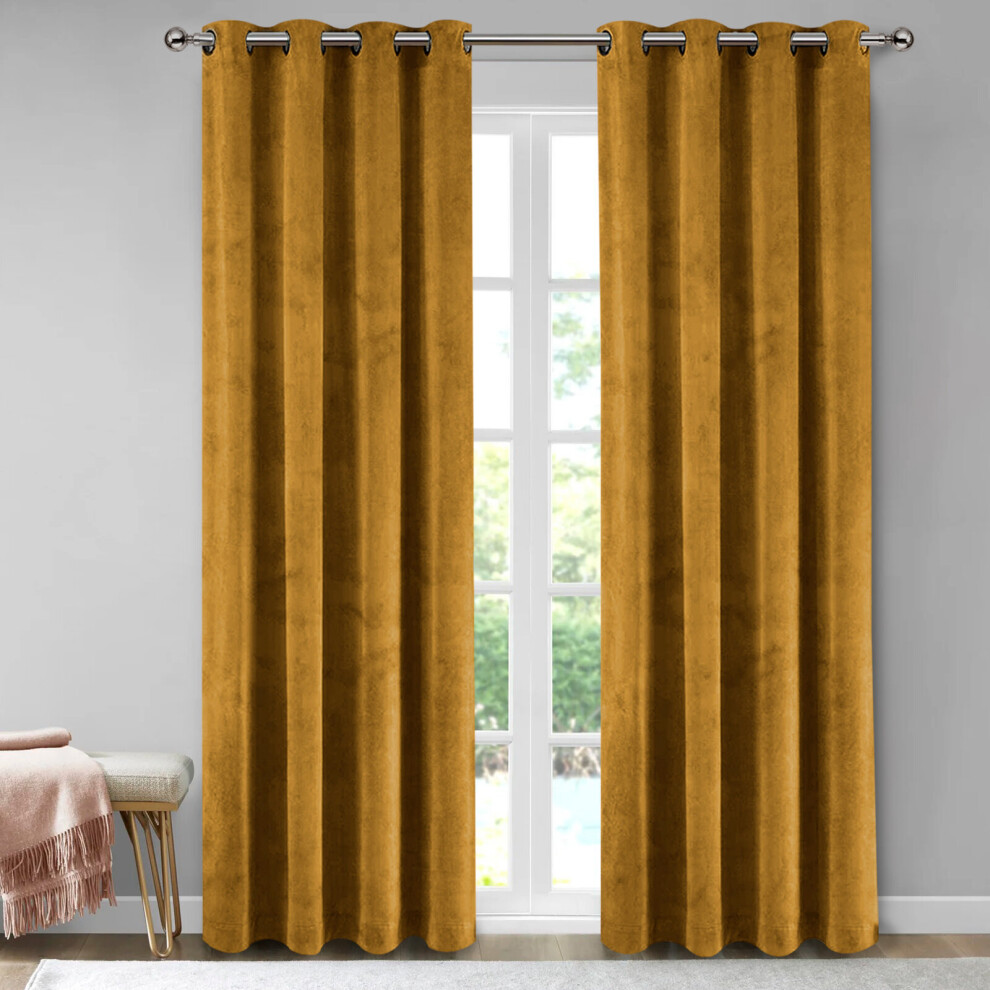 (Mustard, 66" x 90") Thermal Insulated Curtains Ringtop Eyelet Velvet Crushed Curtain Pair with 2 Tiebacks