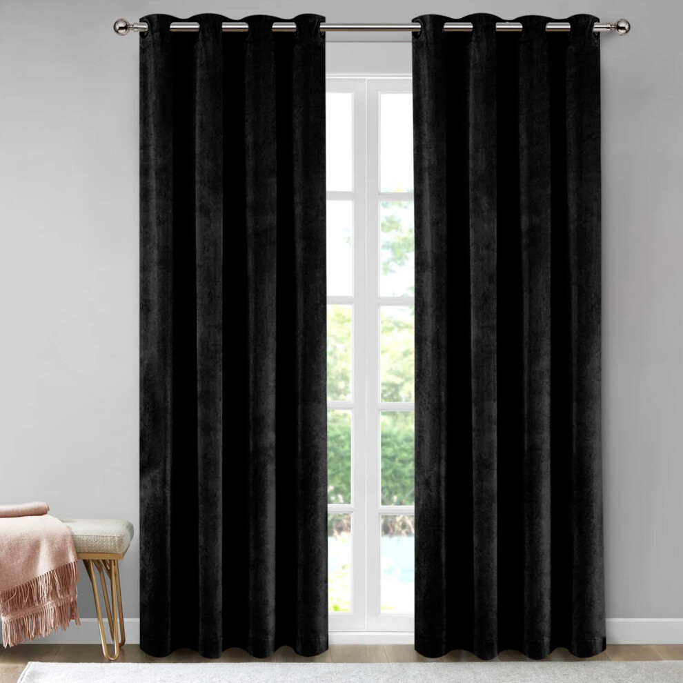 (Black, 90" x 90") Thermal Insulated Curtains Ringtop Eyelet Velvet Crushed Curtain Pair with 2 Tiebacks