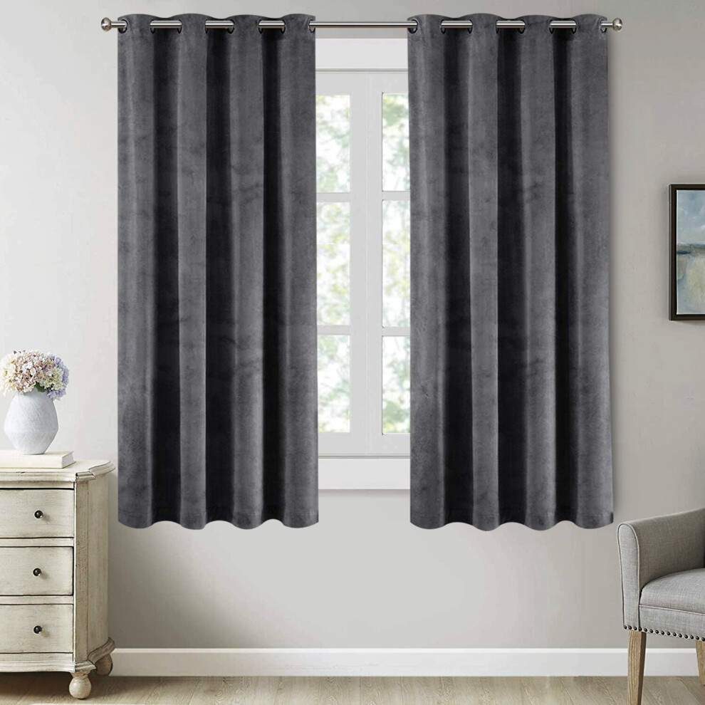 (Grey, 46" x 54") Thermal Insulated Curtains Ringtop Eyelet Velvet Crushed Curtain Pair with 2 Tiebacks