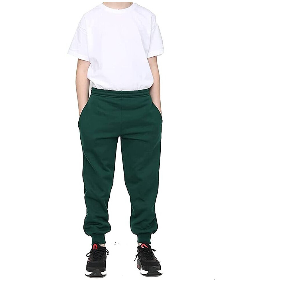 (Green, 11-12 Years) Boys Kids Plain Fleece Jogging Bottoms Joggers PE School Sports Casual Wear UK