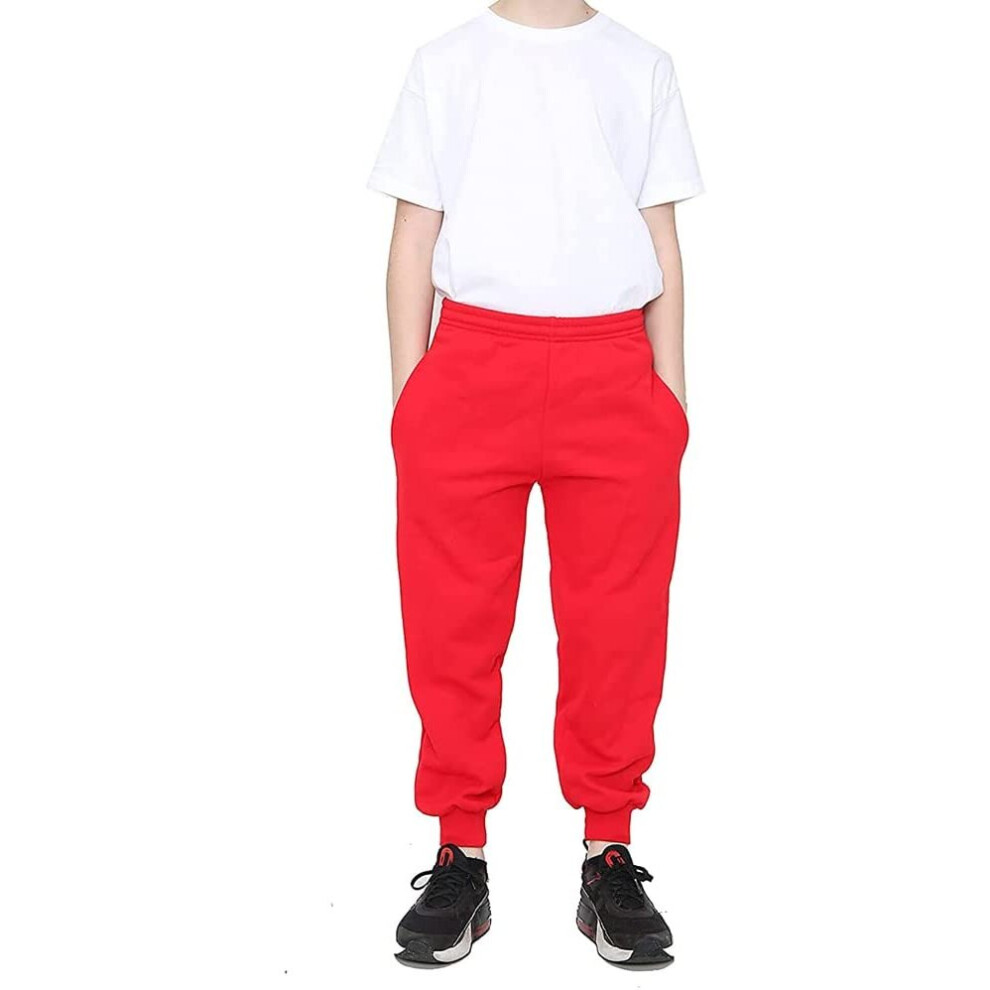 (Red, 11-12 Years) Boys Kids Plain Fleece Jogging Bottoms Joggers PE School Sports Casual Wear UK