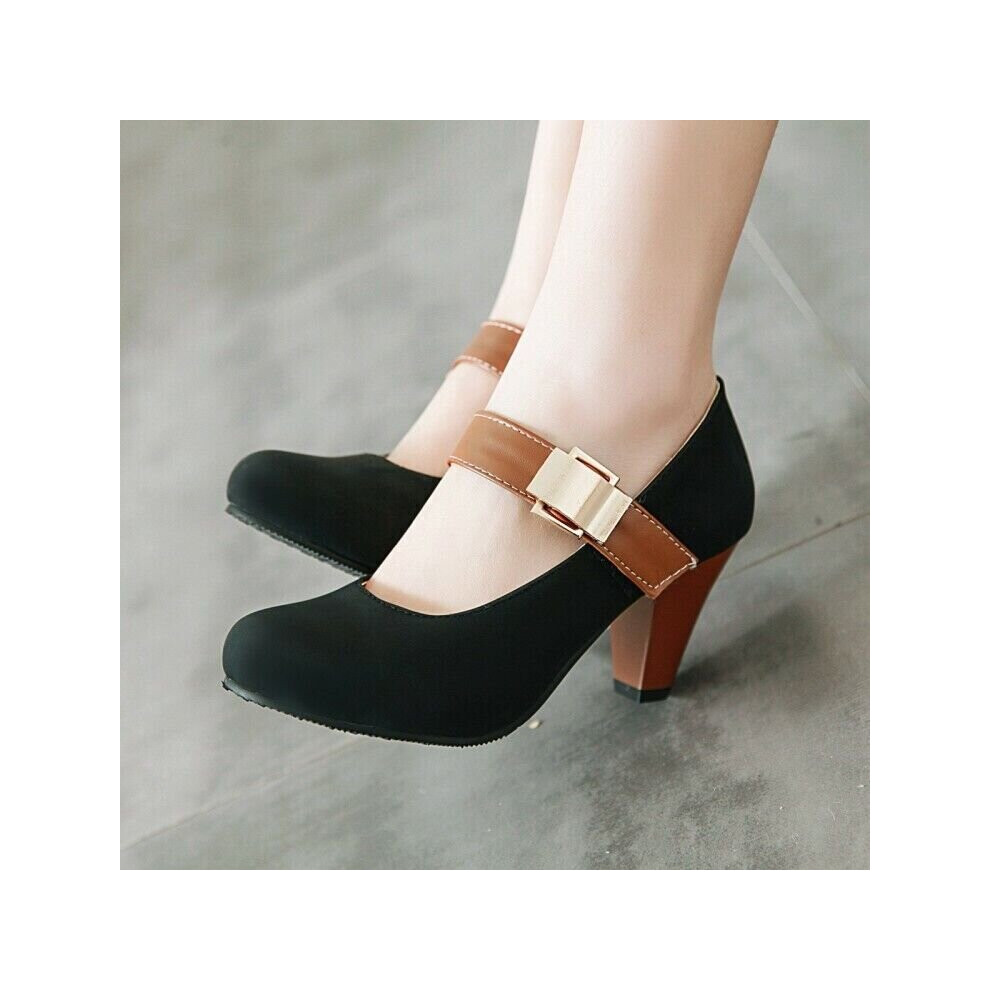 (Black, UK10=US12=EUR46=feet length 28cm) Women Round Toe Platform Mary Jane Pumps High Heel