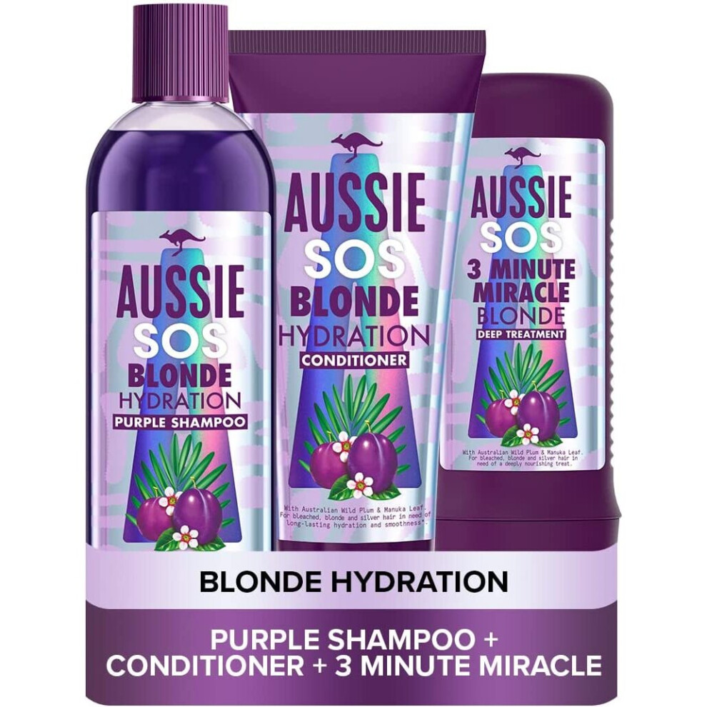 Aussie Blonde Purple Shampoo and Conditioner Set + Hair Mask, Silver & Blonde Shampoo & Hair Conditioner + 3 Minute Miracle, 290ml/200ml/250ml