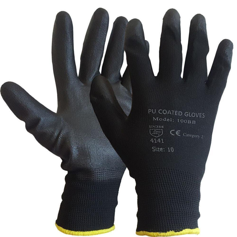 (S, 24) WORK GLOVES  BLACK PU COATED  BUILDERS MECHANIC CONSTRUCTION GRIP XL PPE