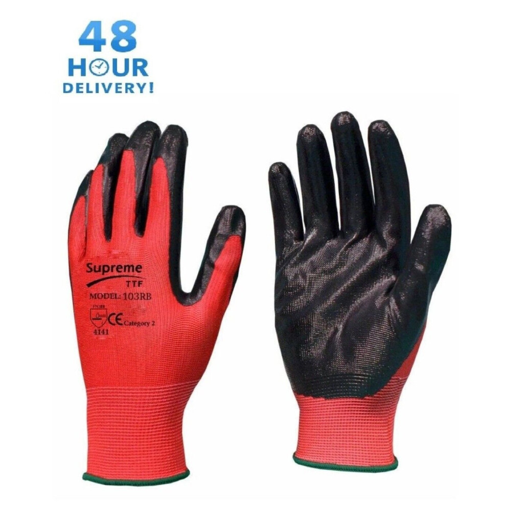 (L, 1) WORK GLOVES RED BLACK NYLON PU COATED BUILDERS MECHANIC CONSTRUCTION GARDENING