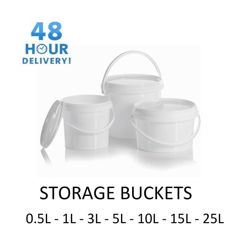 (5, 5L) Plastic Buckets Tubs White Containers Tamper Evident Lids 0.5L 1L 3L 5L 10L 25L