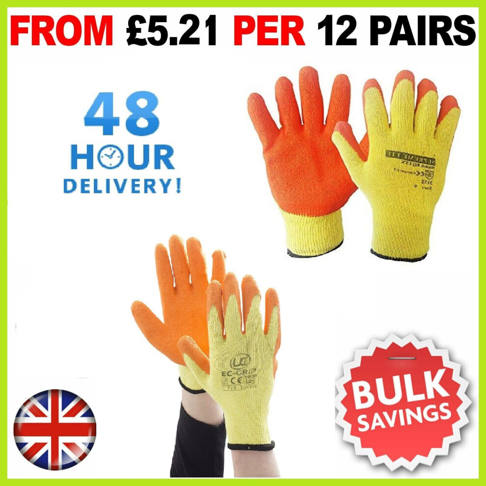 (36 Pairs, XL) LATEX COATED ORANGE RUBBER SAFETY WORK GLOVES MENS BUILDERS GARDENING 24 PAIRS