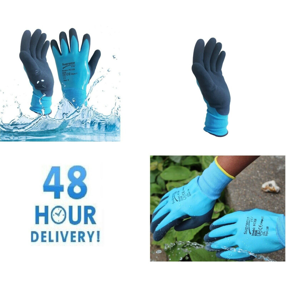 (3, M) Latex Coated Waterproof Gloves Blue Aqua Nylon Grip Work PPE, Gardening