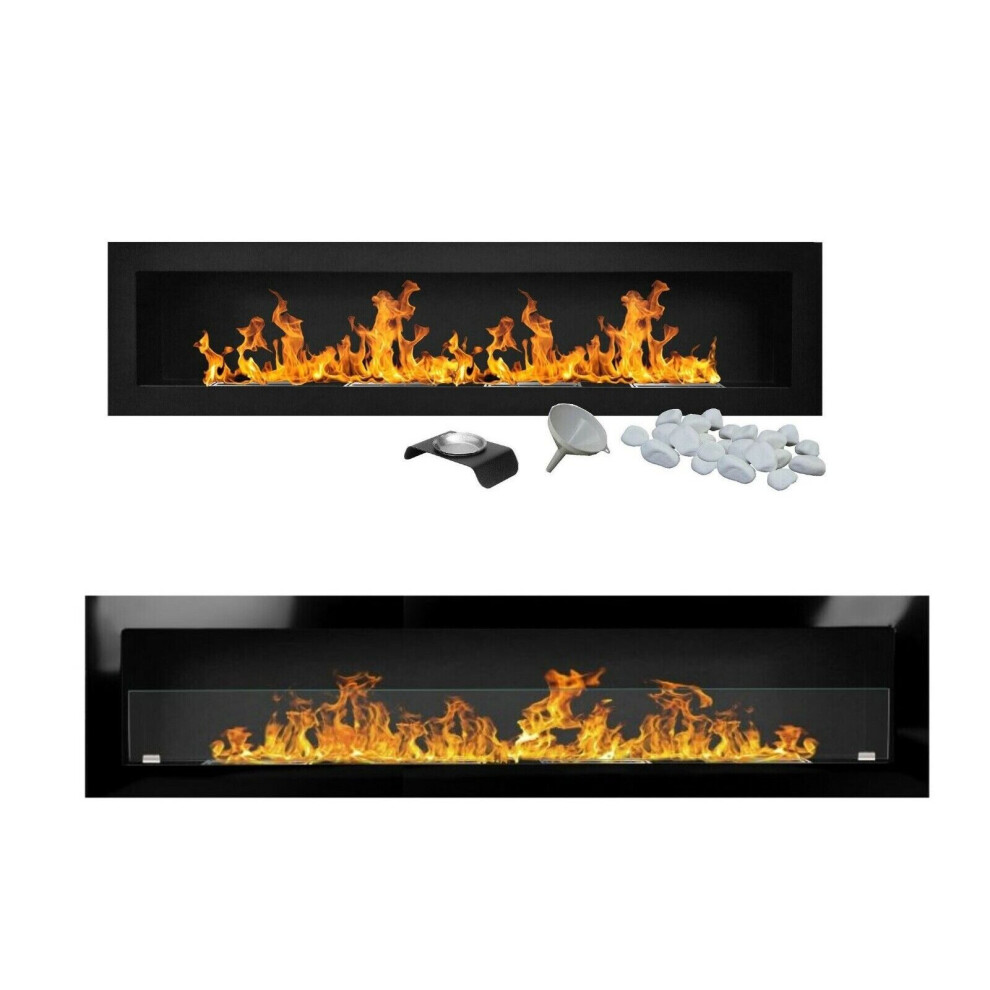 (High Gloss Black) Bio Ethanol Fireplace Biofire Fire B2C Professional 1800x400 3XXL WITH GLASS