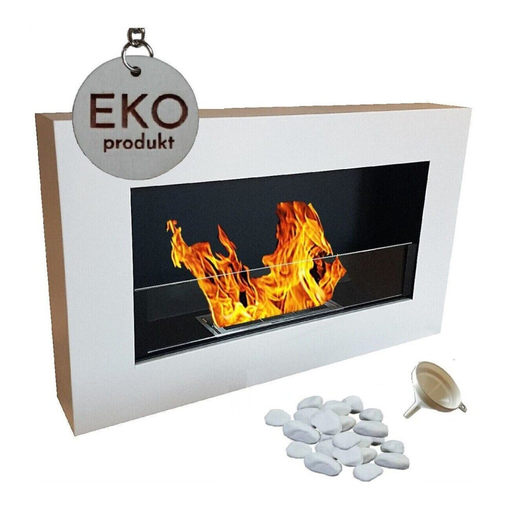 (With Glass Panel) Bio Ethanol Fireplace Biofire Fire B2C White Matt 650 x 400 FLAT BACK ANY WALL