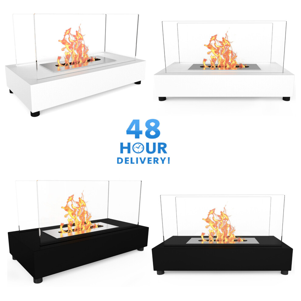 (White) Bio Ethanol Fireplace Indoor Outdoor Camping Glass Top Burner Fire Bari