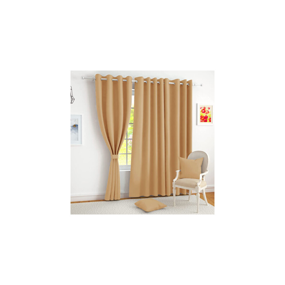 (46" width x 54" drop , Beige) Luxury Insulated Heavy Thermal Blackout Eyelet Curtains Ring Top Ready Made Pair Window Panel Free Tieback 2PC Curtain For Living Room Bedroom
