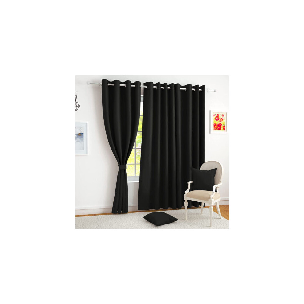 (46" width x 54" drop , Black) Luxury Insulated Heavy Thermal Blackout Eyelet Curtains Ring Top Ready Made Pair Window Panel Free Tieback