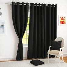 (66" width x 72" drop, Black) Luxury Insulated Heavy Thermal Blackout Eyelet Curtains Ring Top Ready Made Pair Window Panel Free Tieback 2PC Curtain For Living Room Bedroom