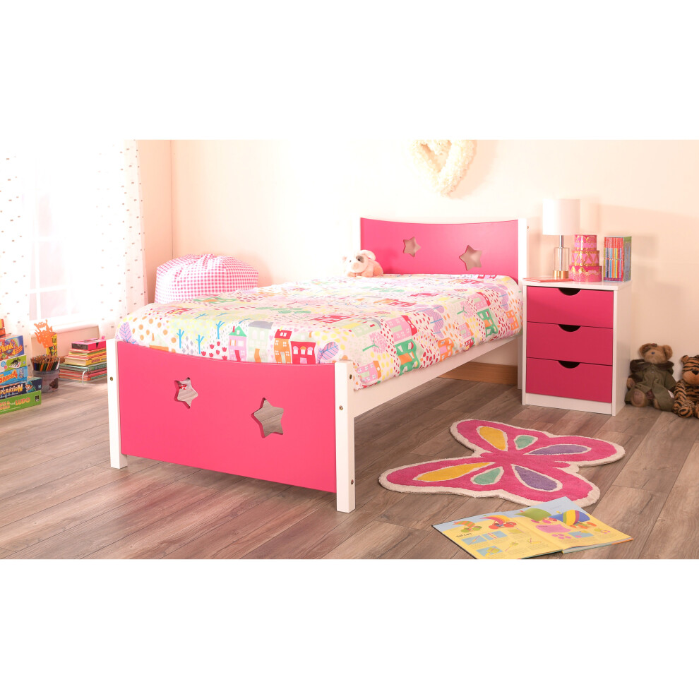 (Pink, Lucy Mattress) Single 3ft Childrens Wooden Star Bed Frame Bed Side White Grey Pink Blue