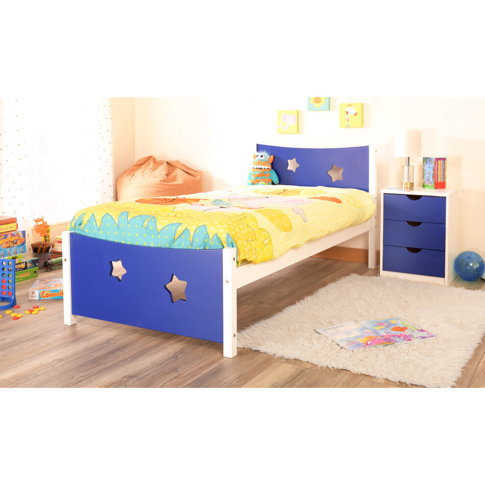 (Blue, Lucy Mattress) Single 3ft Childrens Wooden Star Bed Frame Bed Side White Grey Pink Blue