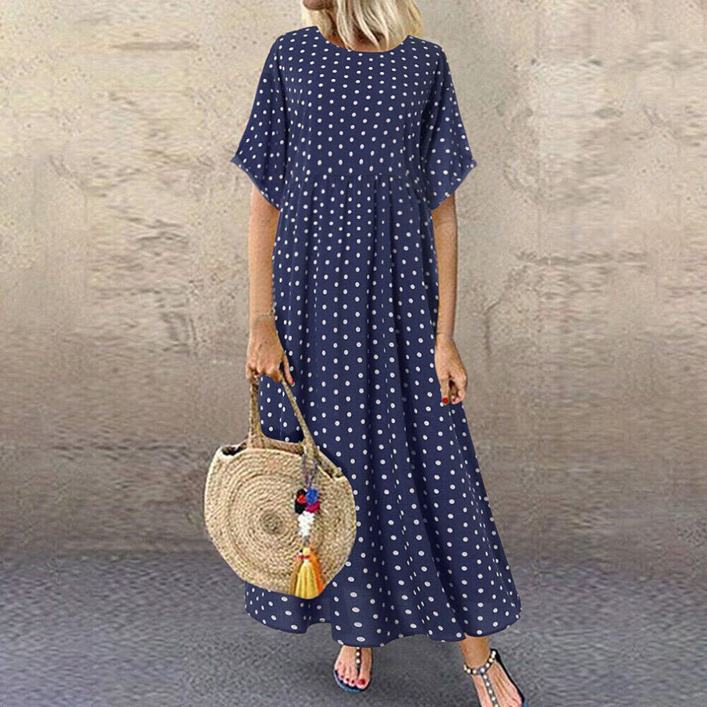 (Navy, 2XL / UK 14-16) Women's Cute Dress Short Sleeve Plaid Casual Loose Summer Maxi Dress Plus Size