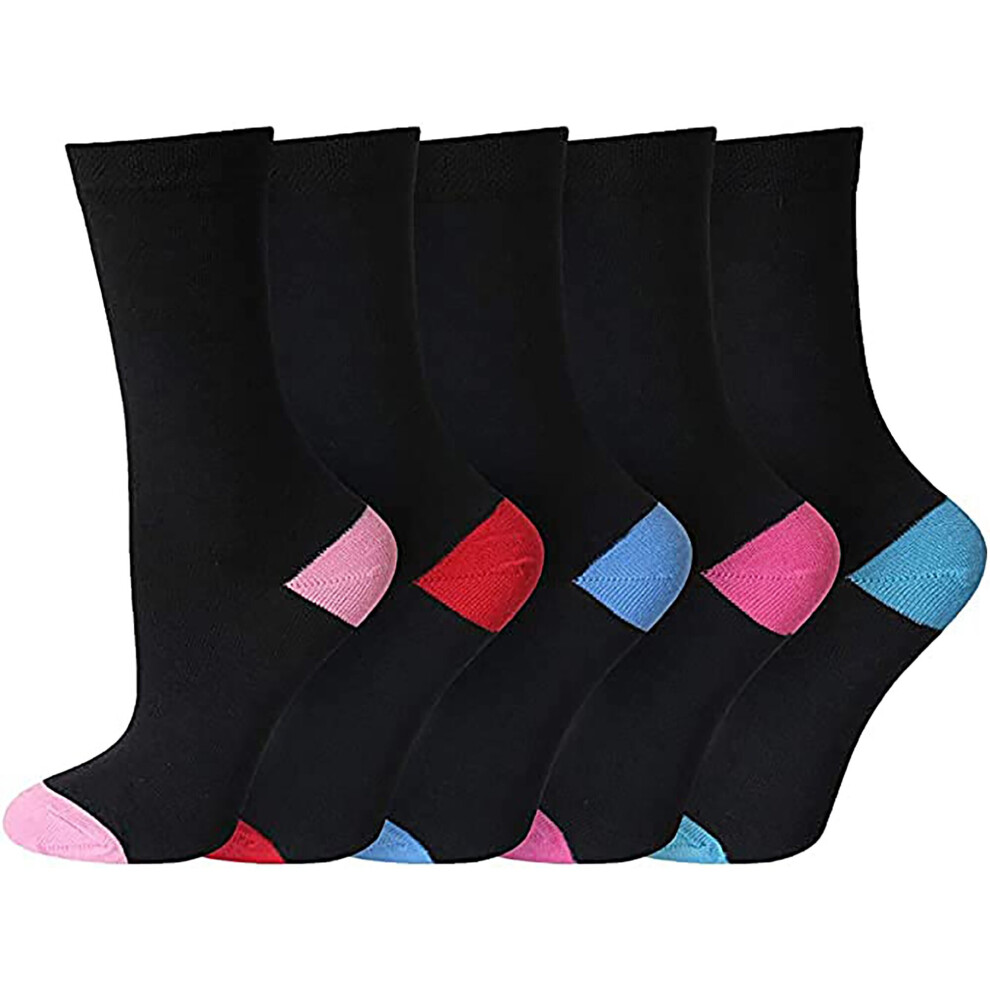 KAV Pack of 10 Pairs Ladies Colour Heel & Toe Socks in Black - Cotton Rich Soft Top Stretch for Work and Casual Wear (10-PACK)