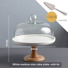 ( 1) Ceramic Wooden Bottom High Foot Cake Plate Glass Cover Tray European Fruit Plate With Lid Cake Stand