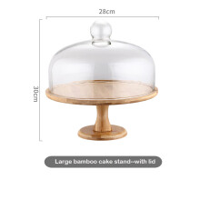 ( 7) Ceramic Wooden Bottom High Foot Cake Plate Glass Cover Tray European Fruit Plate With Lid Cake Stand