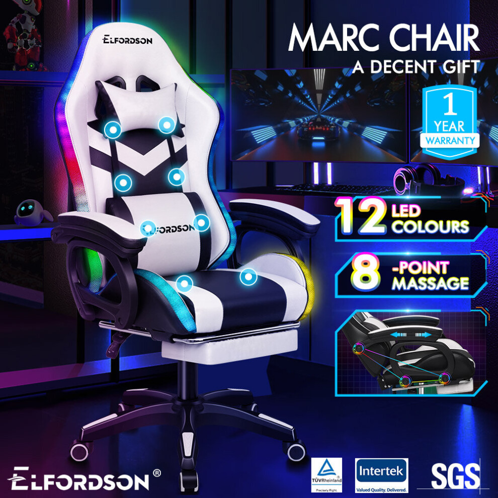 (White) ELFORDSON Gaming Office Chair 12 RGB LED Massage Computer Seat Footrest