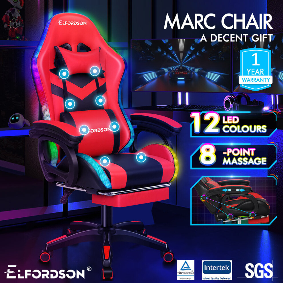 (Red) ELFORDSON Gaming Office Chair 12 RGB LED Massage Computer Seat Footrest