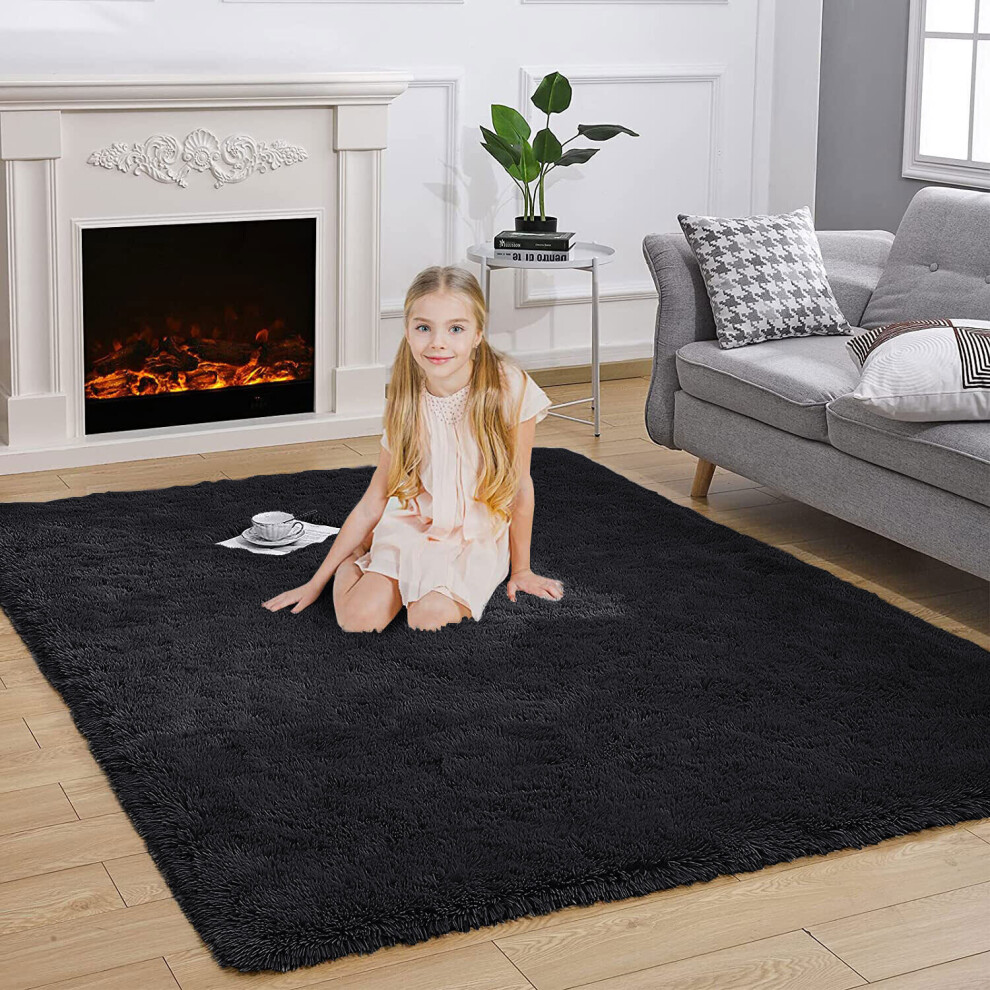 (BLACK, 120 X 170) Extra Large Soft Pile Shaggy Rugs Living Room Rug