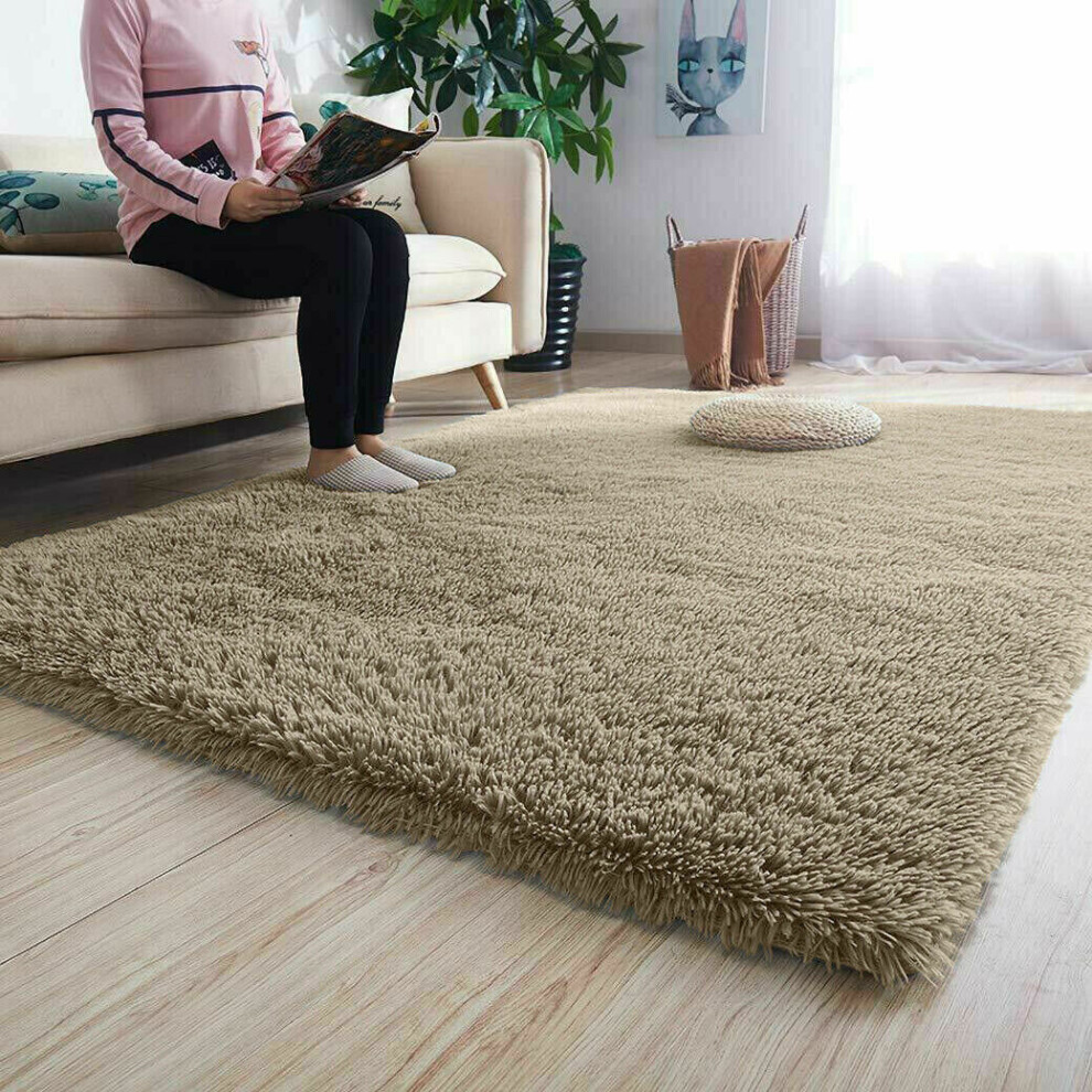 (FLUFY BEIGE, 120 X 170) Extra Large Soft Pile Shaggy Rugs Living Room Rug