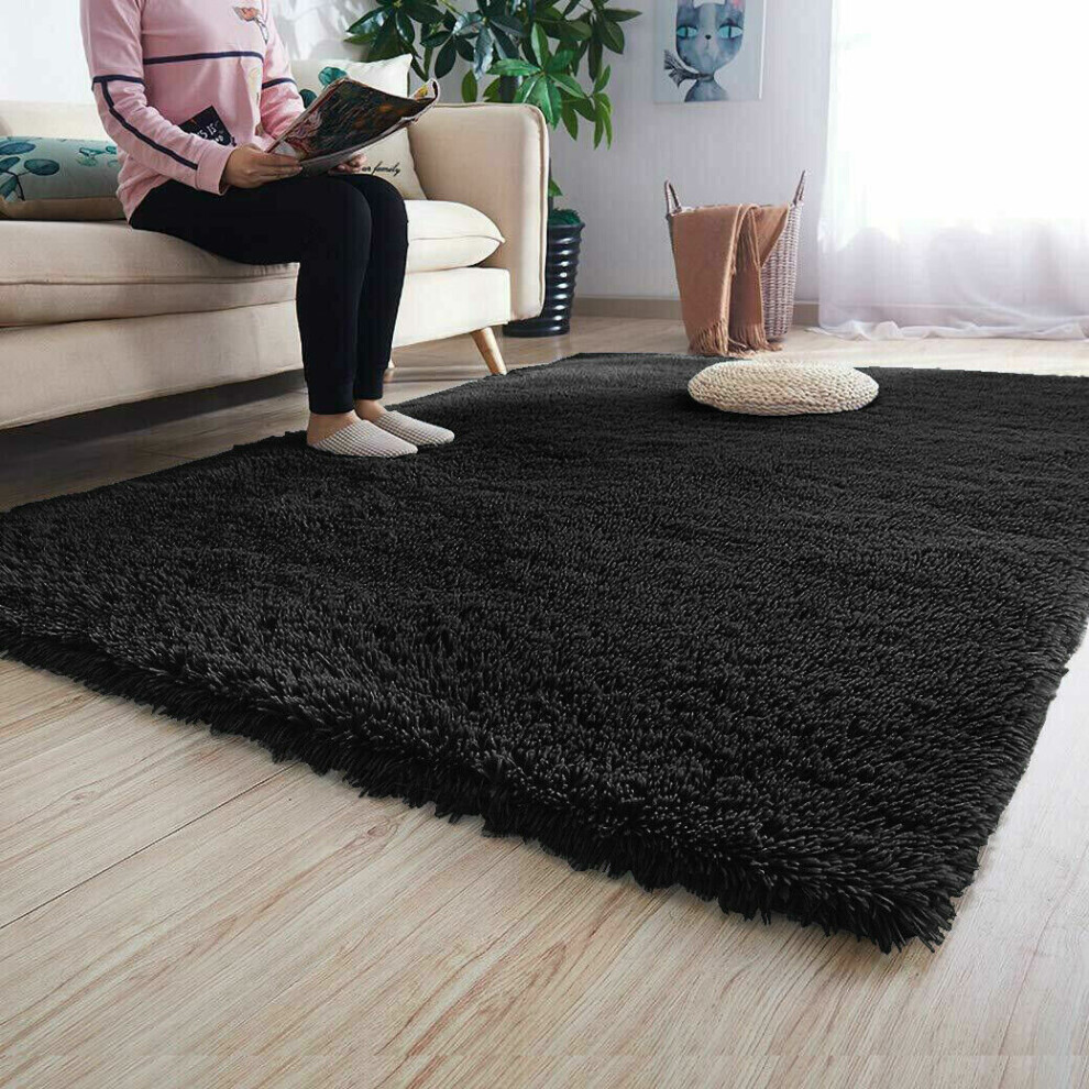 (FLUFY BLACK, 160 X 230) Extra Large Soft Pile Shaggy Rugs Living Room Rug