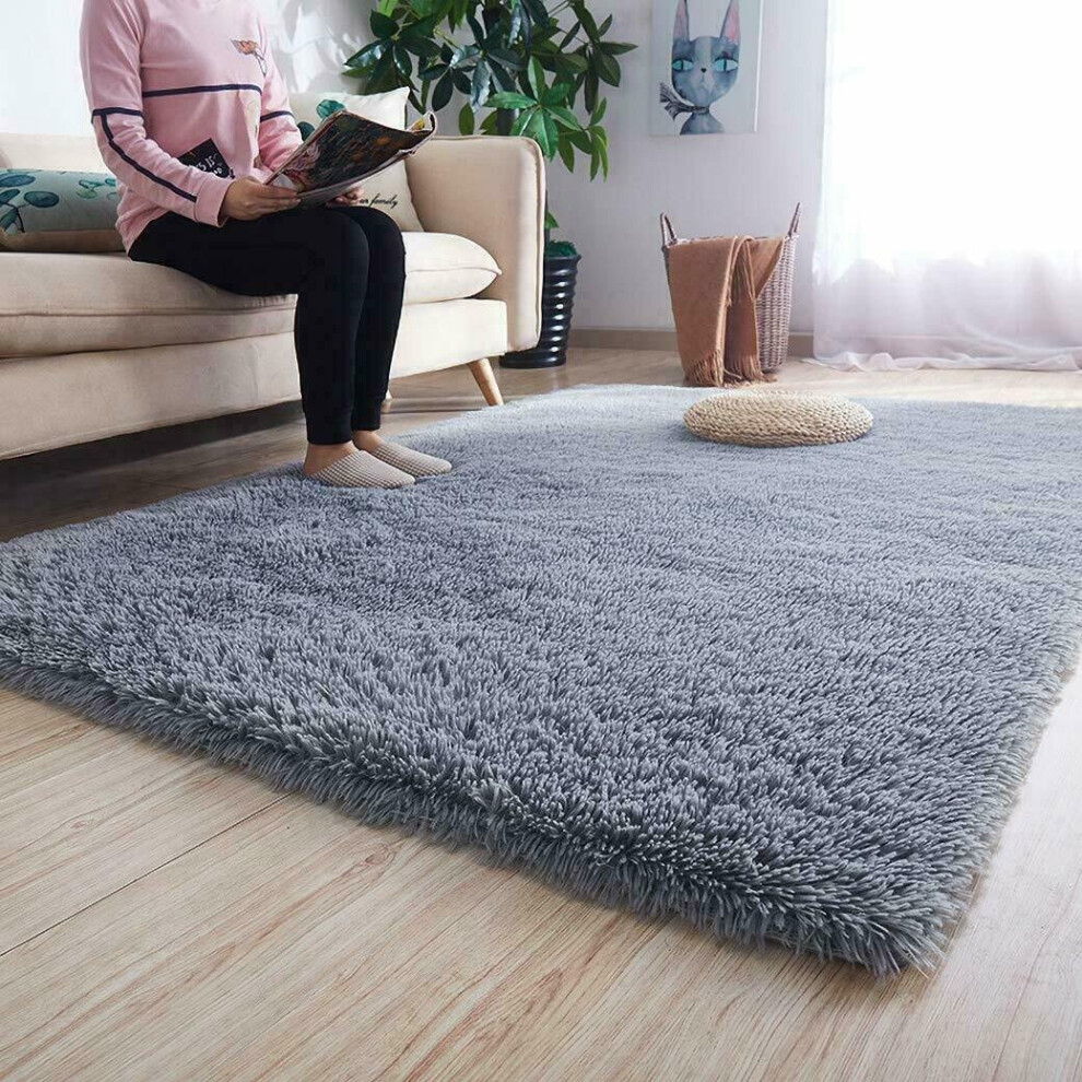 (FLUFY SILVER, 120 X 170) Extra Large Soft Pile Shaggy Rugs Living Room Rug