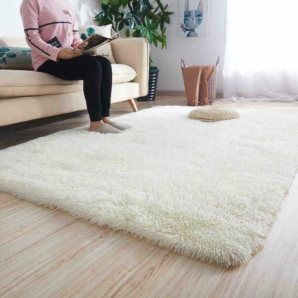 (FLUFY CREAM, 120 X 170) Extra Large Soft Pile Shaggy Rugs Living Room Rug