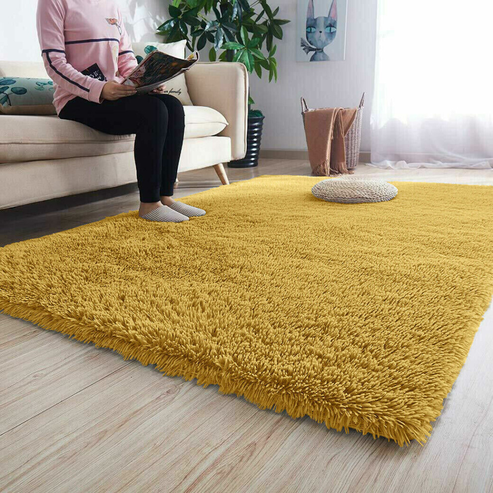 (FLUFY YELLOW, 200 X 290) Extra Large Soft Pile Shaggy Rugs Living Room Rug