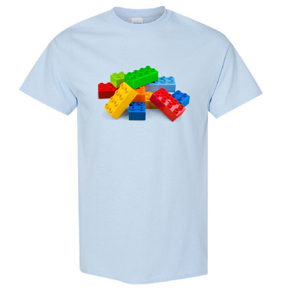 (Light Blue, S) Colourful Lego Building Blocks Brick Fun Toys Men T Shirt Tee Top