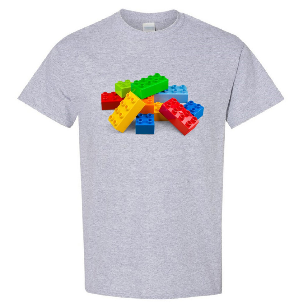 (Sport Grey, 2XL) Colourful Lego Building Blocks Brick Fun Toys Men T Shirt Tee Top