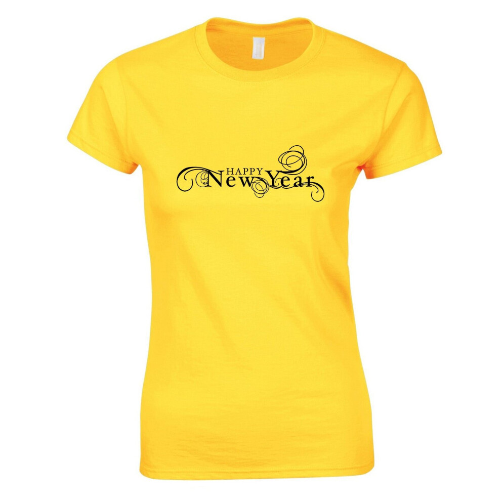 (Yellow, M) Happy New Year Wish Wishing Celebration Italic Art Ladies Women T Shirt Tee Top