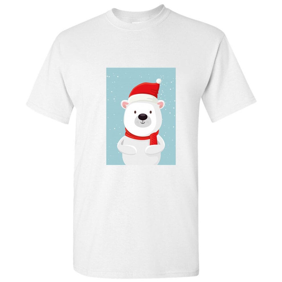 (L) Polar Bear Santa Hat Christmas Cartoon Art White Men T Shirt Tee Top