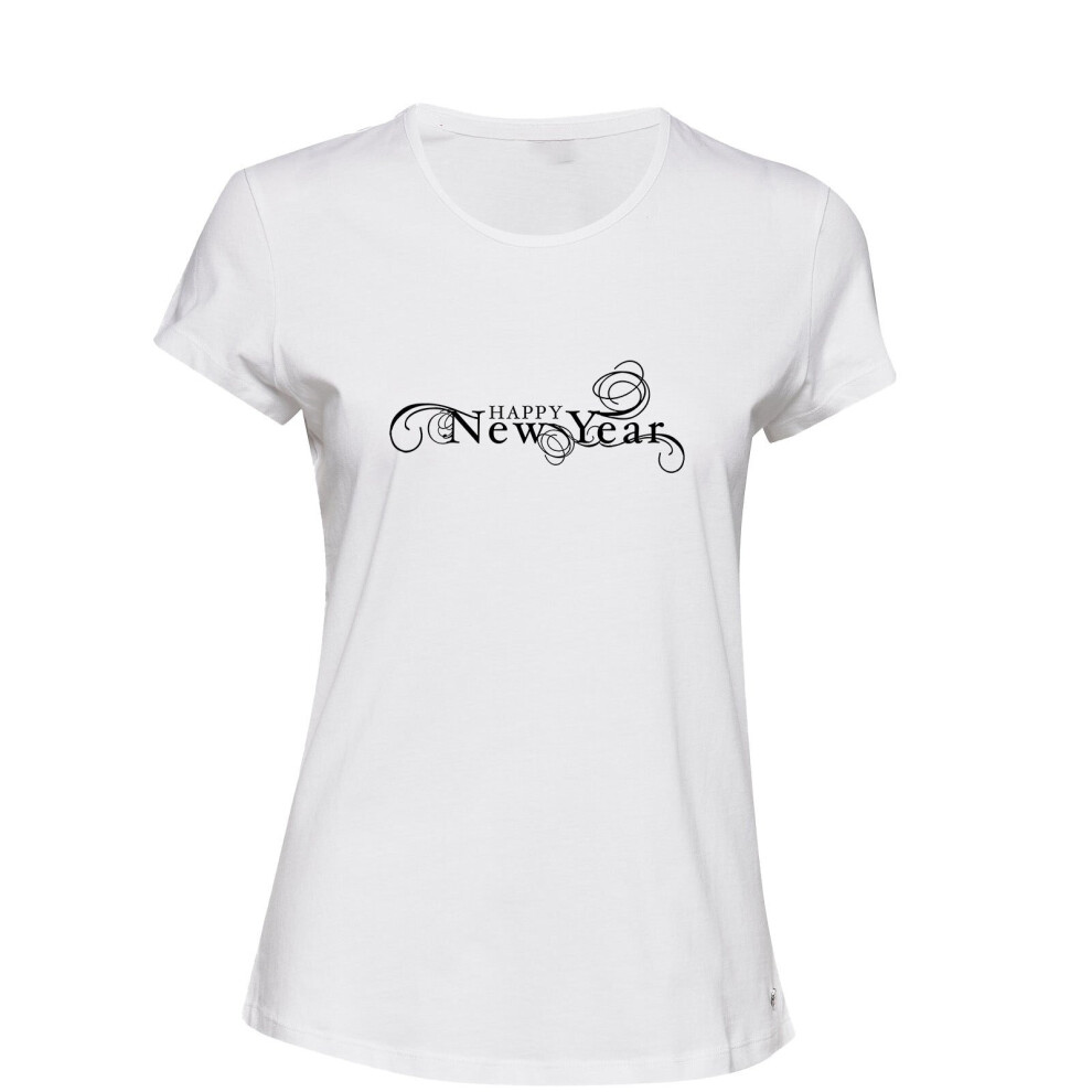 (White, XL) Happy New Year Wish Wishing Celebration Italic Art Ladies Women T Shirt Tee Top