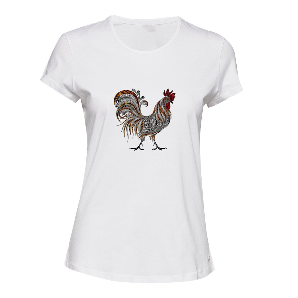 (M) Rooster Chicken Cock Chinese Zodiac White Female Ladies Women T Shirt Tee Top