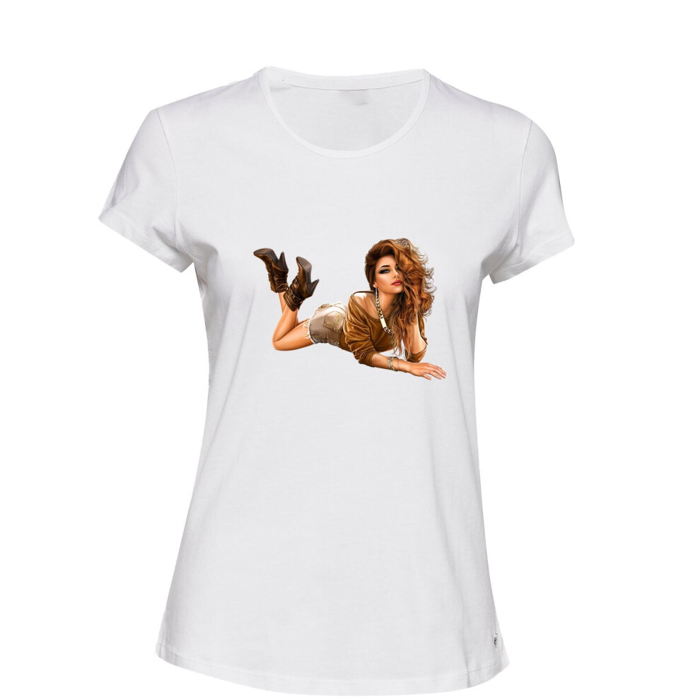 (2XL) Sexy Lady Hot Woman Blondie Digital Art White Ladies Women T Shirt Tee Top