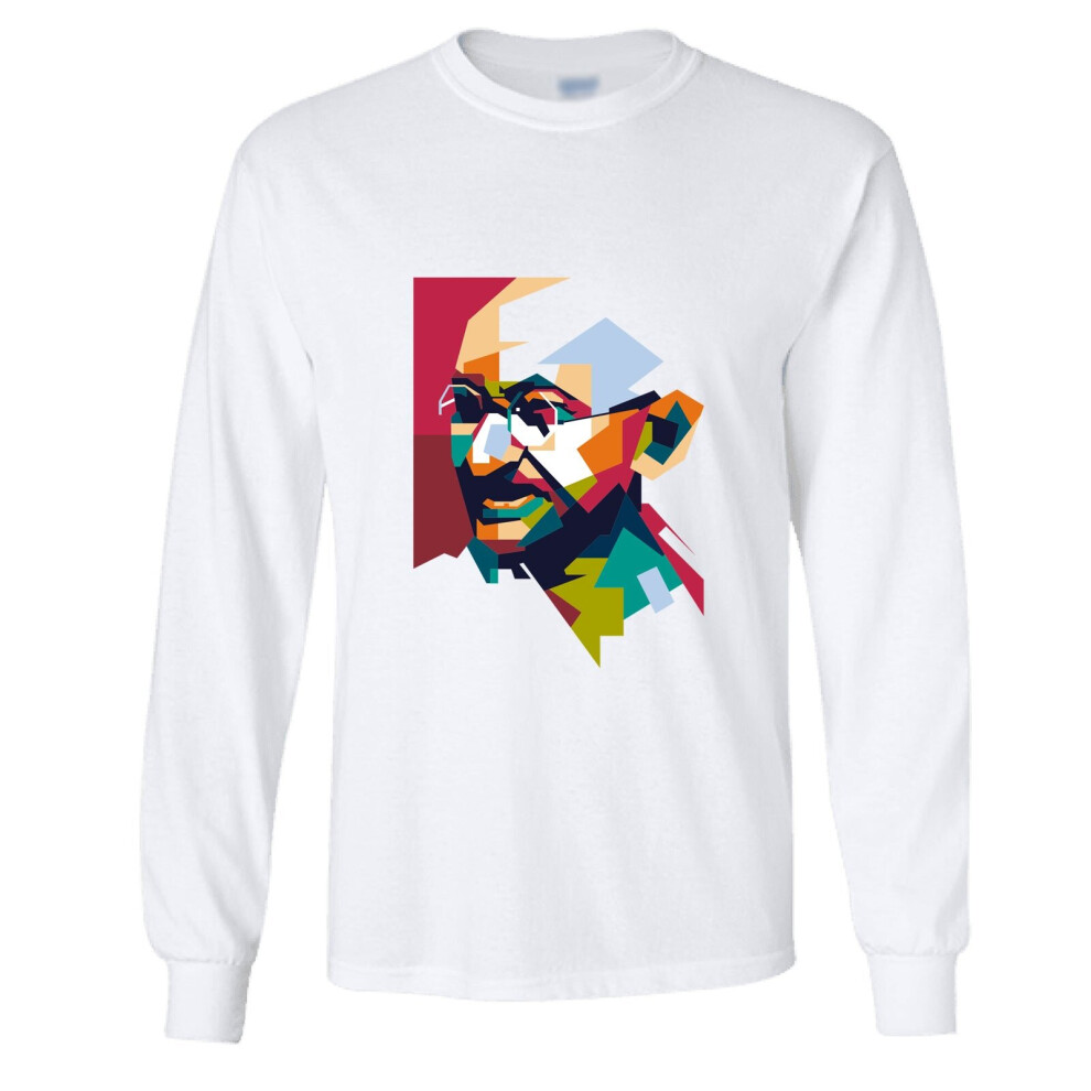 (L) Mahatma Gandhi Hindi Indian Hero Men Long Sleeve T-Shirt White Basic tee