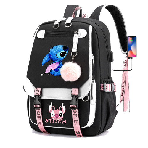 (Black) Stitch Students Backpack Boys Girls Outdoor Cartoon Daypack With Usb Charge Port
