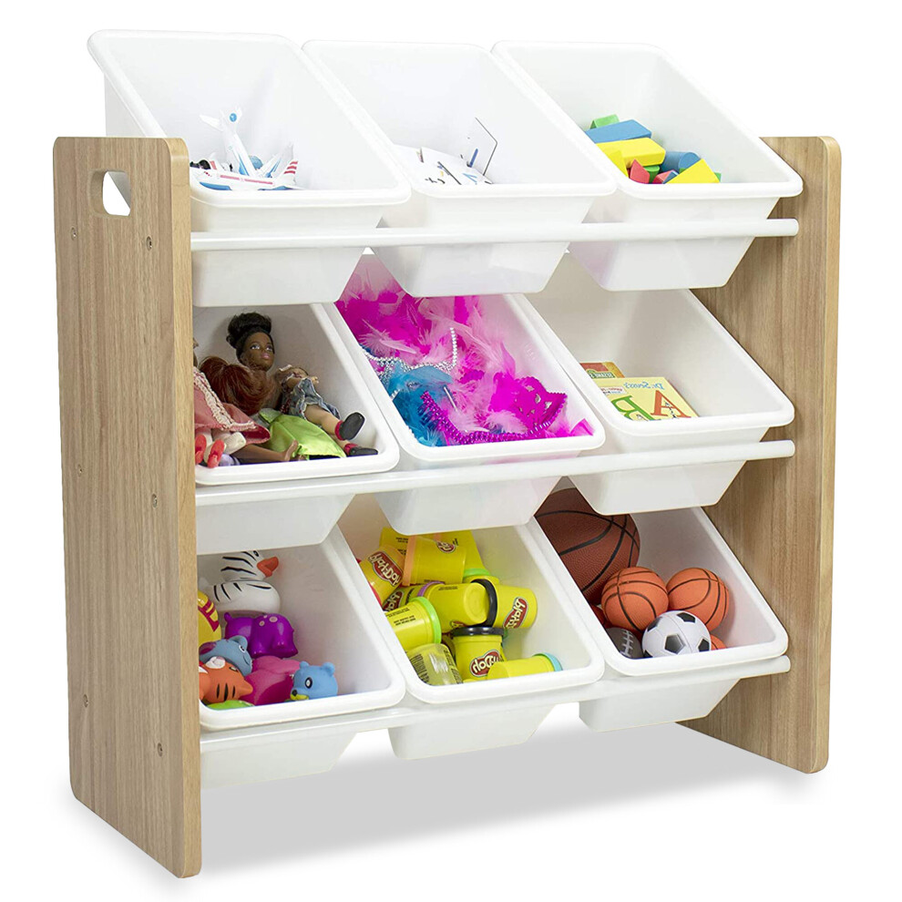 Wooden Storage Unit Kids Toys Organiser with 9 Baskets Storage Boxes 