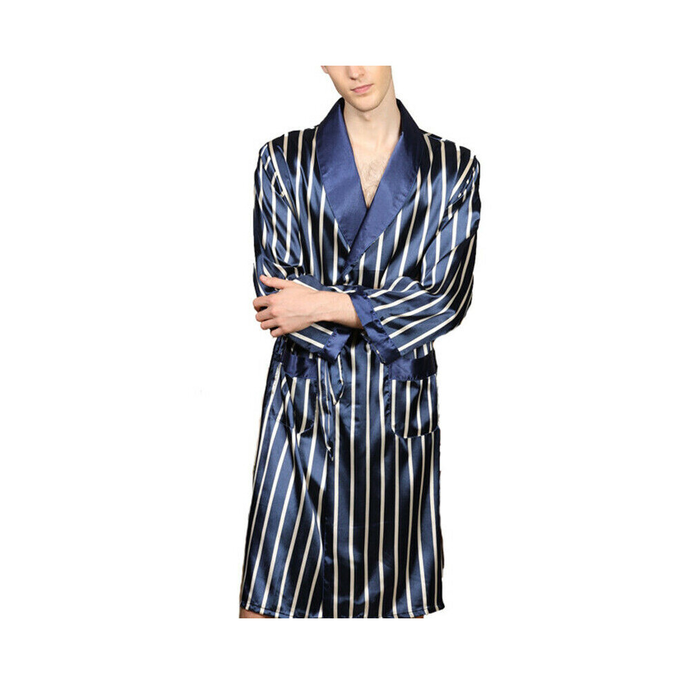 (Blue stripes, 5XL) Men's Satin Silk Pajamas Bathrobe Robe Sleepwear