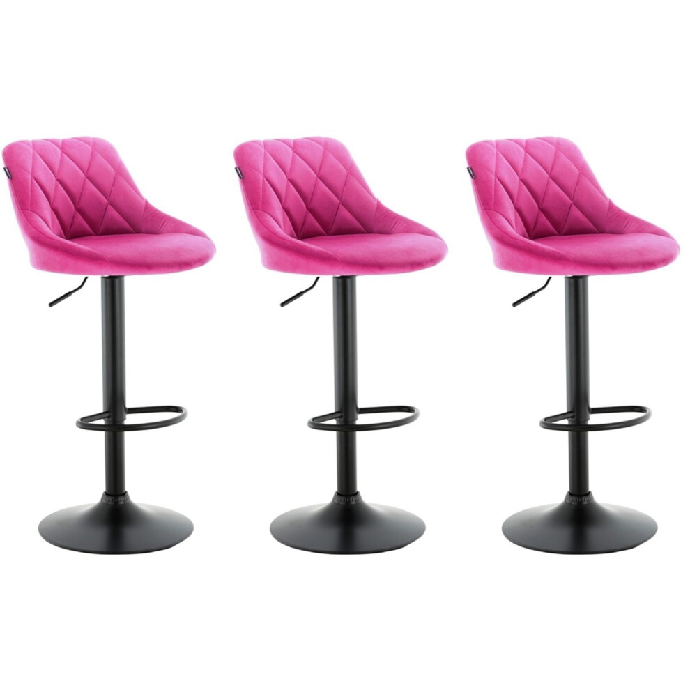 Millies Design Set Of 3 Pink Valencia Velvet Gas Lift Bar Stools - 360 Swivel, Height Adjustable, Matte Black Metal Base Pink,Black