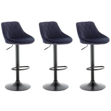Set of 3 Valencia Velvet Gas Lift Bar Stools - Black Matte Metal, 360 Swivel, Height Adjustable